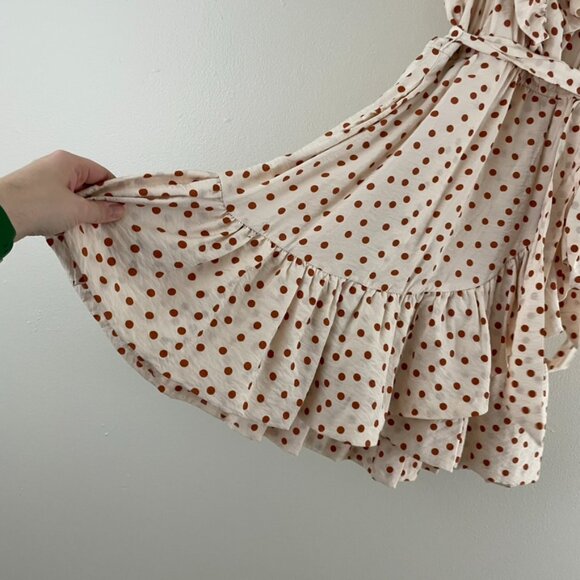 Anthropologie Maeve Cream Rust Polka Dot Ruffled Tie Waist Mini Dress Size XXS - Picture 6 of 7